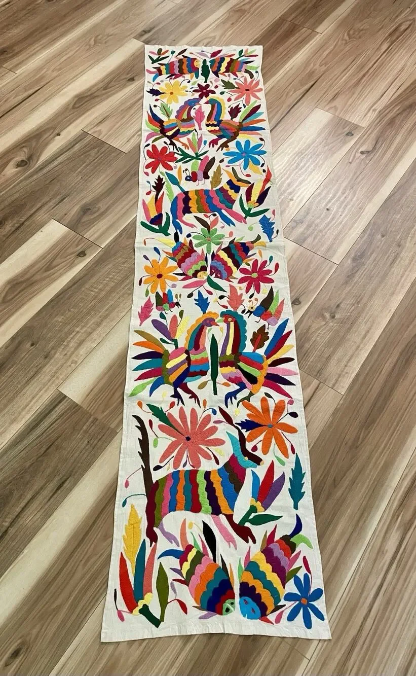 Vintage Hand Embroidered Mexican Otomi Table Runner 74 x 16.75 in. Multicolored